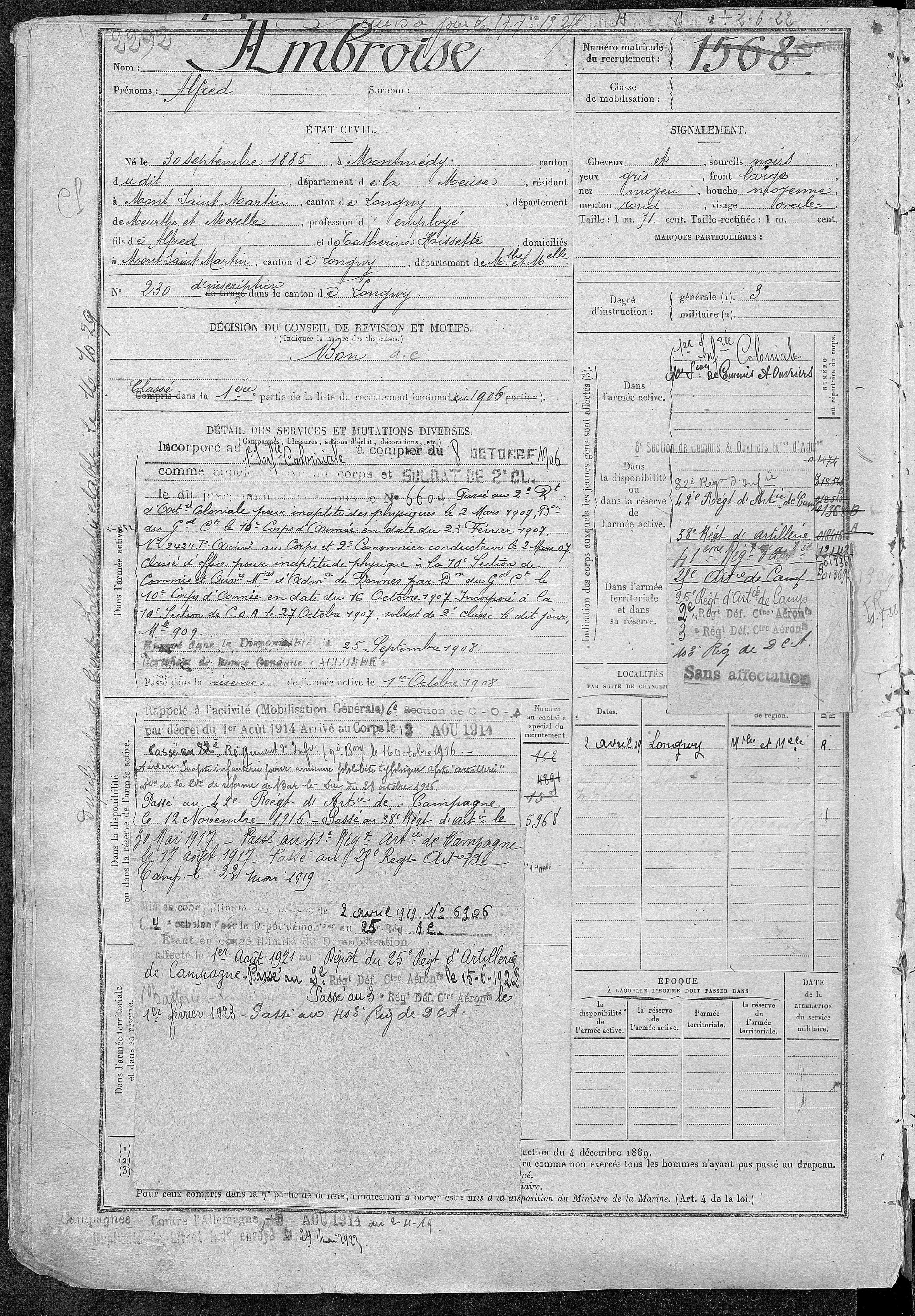 Fiche militaire d’Alfred Ambroise (1885-)