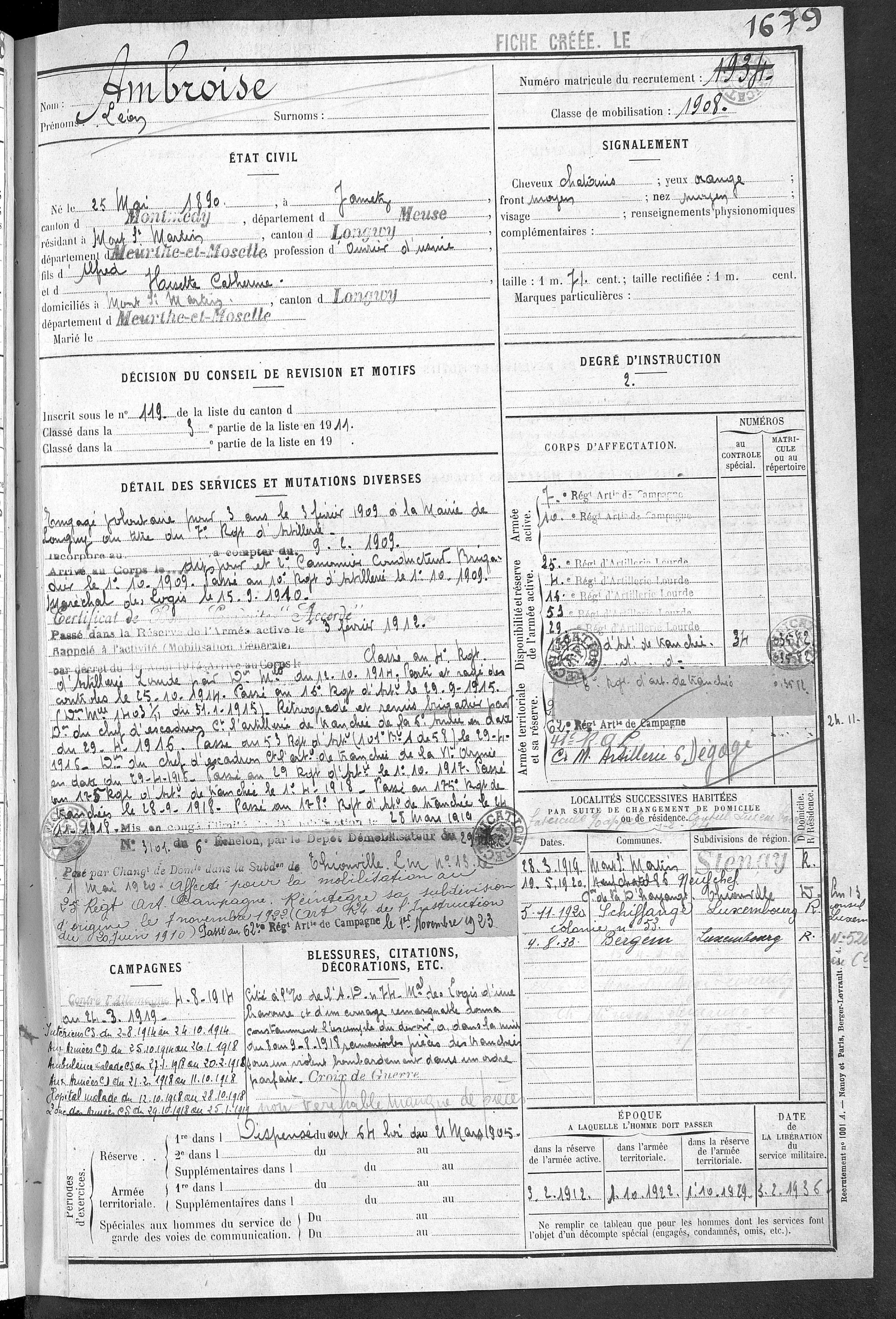 Fiche militaire de Léon Ambroise (1890-)